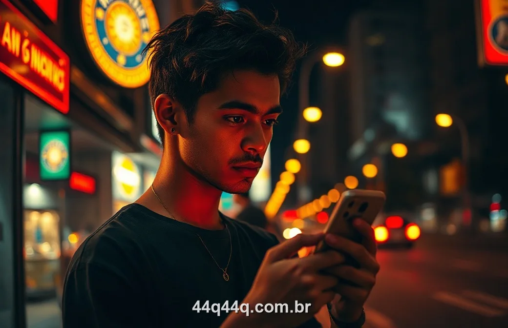 Jogador acessando o cassino do 44Q pelo celular à noite