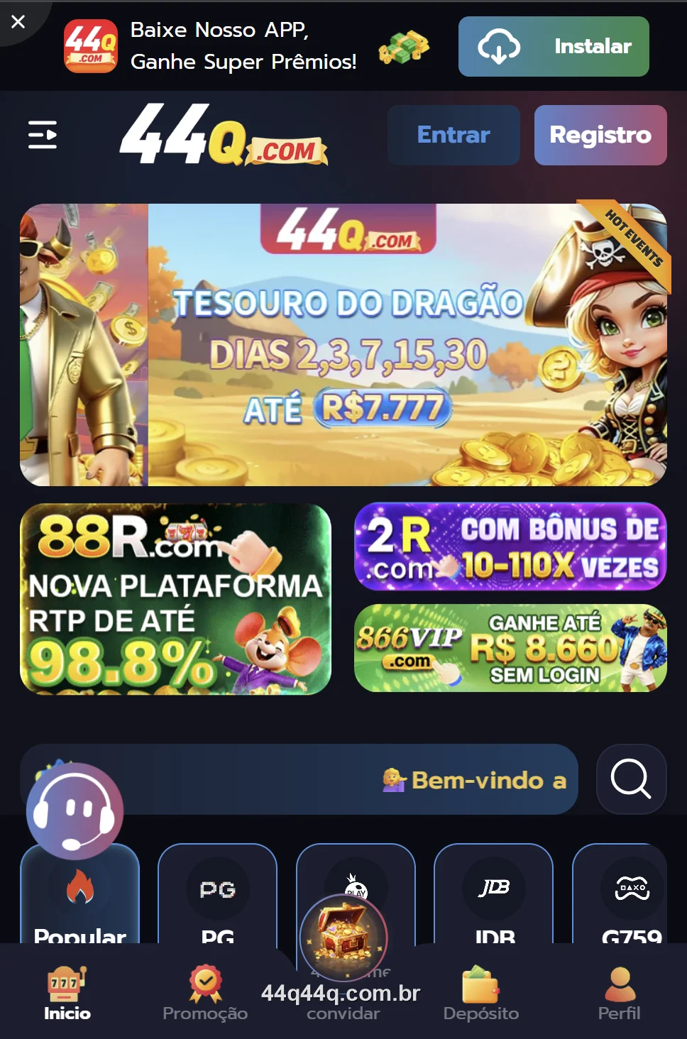 Tela inicial do app oficial 44Q